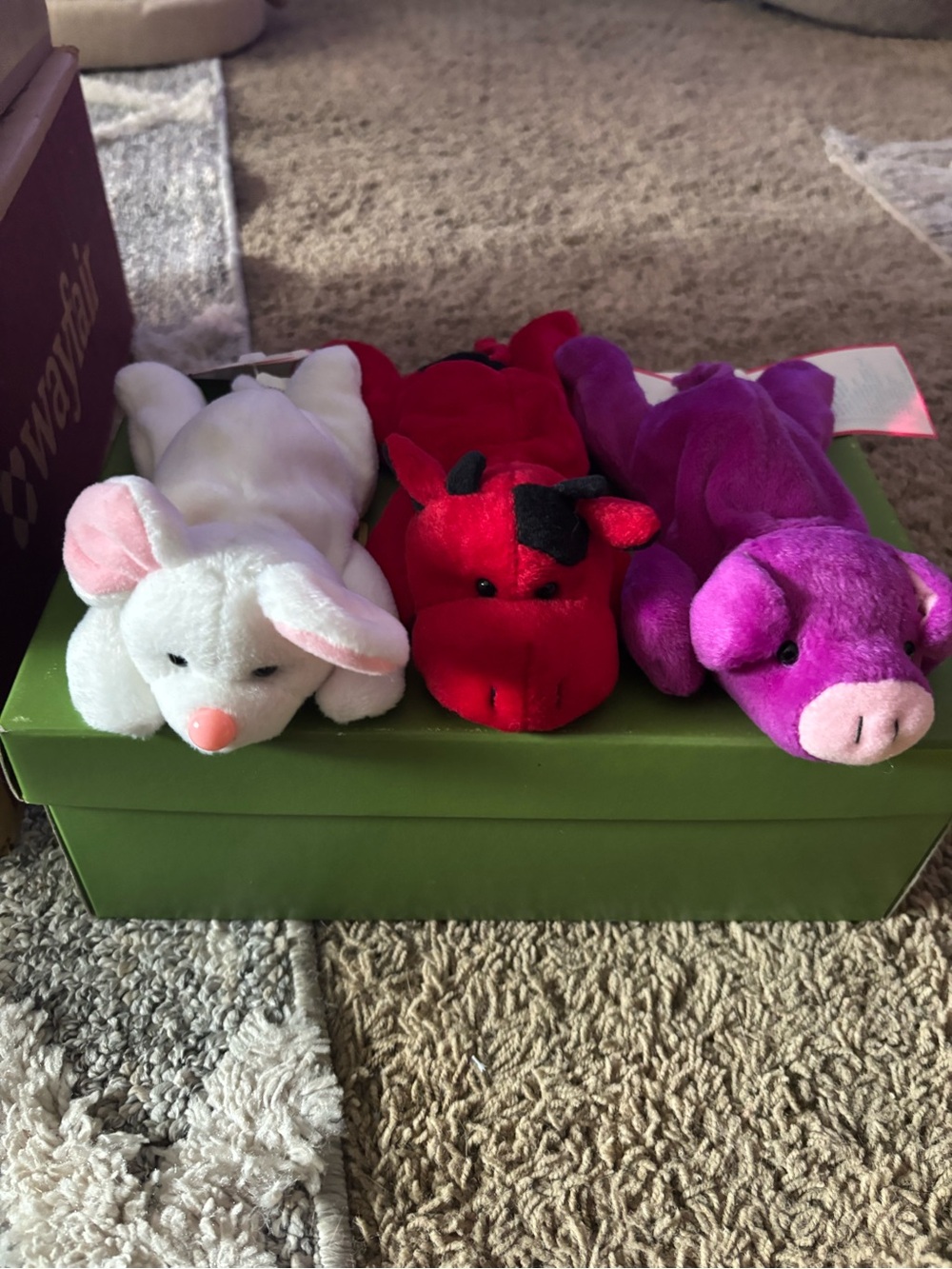 Plush Animal Trio - White, Red & Purple Soft Stuffed Toys